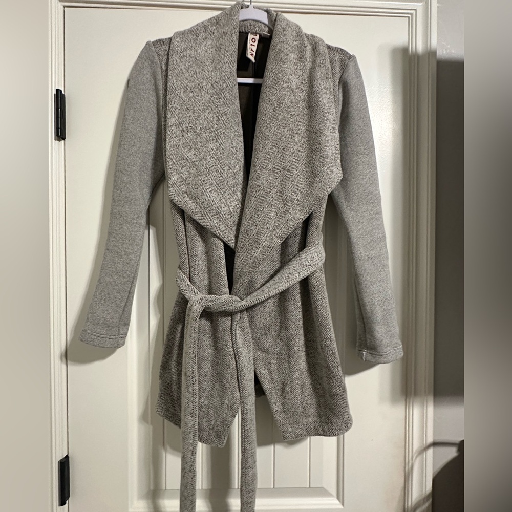 Anthropologie DOLAN Womens Cardigan Sweater small Grey Brown Shawl Waist Tie
